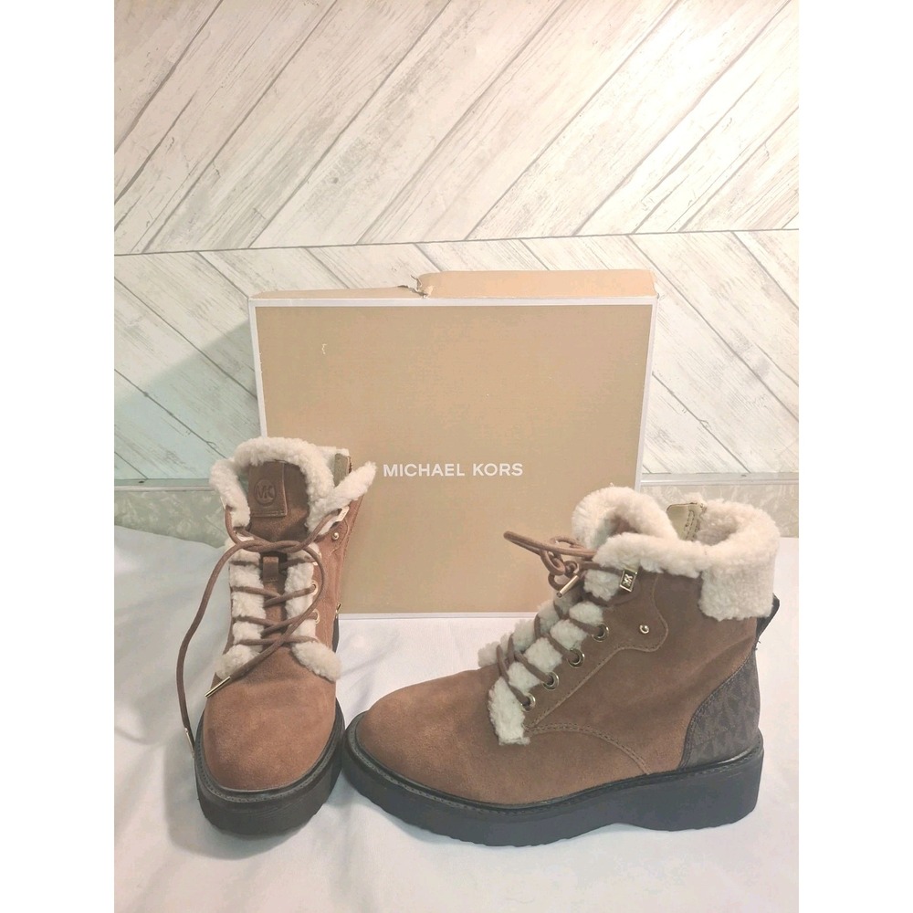 Michael Kors Trudy Bootie Leather Suede Logo Boot Lace Up Brown NEW $275 Size 6M